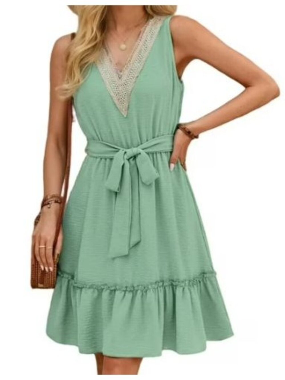Women’s Green V Neck Summer Dress Size L Sleeveless Beach Sundress